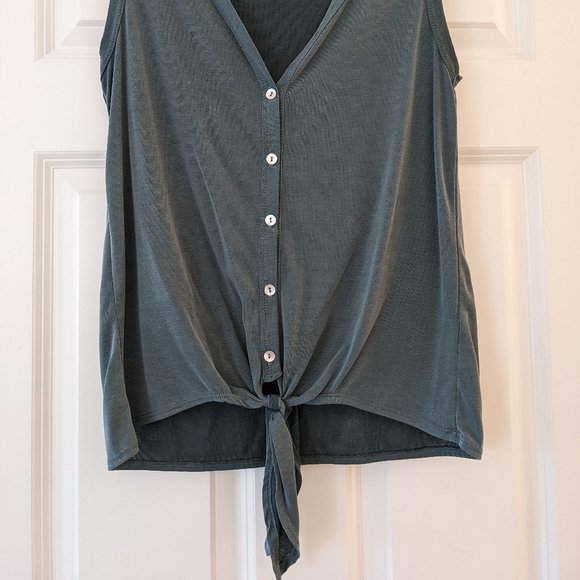 Teal Sleeveless Green Envelope Tie Front Tank - Picture 4 of 7